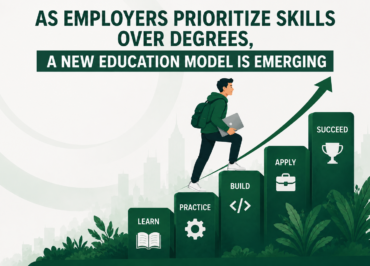 A person in a green jacket climbs green stepping blocks labeled Learn, Practice, Build, Apply, Succeed, illustrating a skills-based education path.