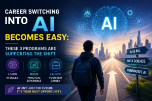 Person with backpack stands on a highway toward a futuristic city, AI brain graphic overhead, with signs reading AI & ML, Data Science, Generative AI—captioned about career switching to AI.
