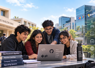 Four students gather around a laptop on a university campus plaza, with an engineering building in the background and a stack of books nearby