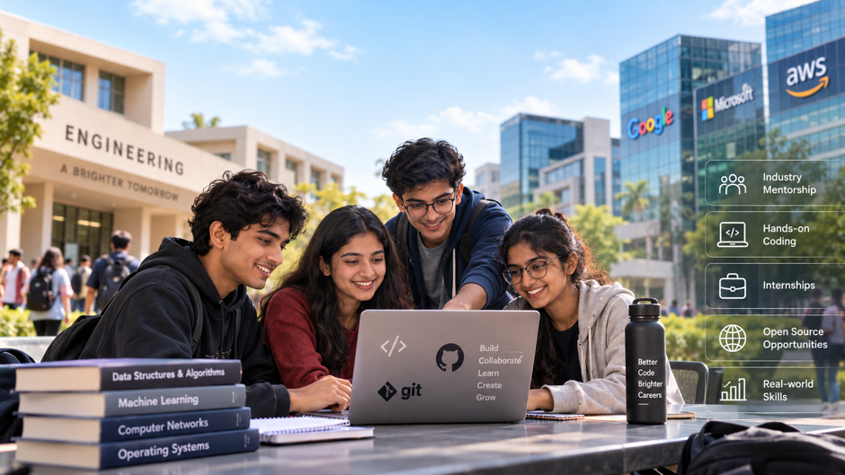 Four students gather around a laptop on a university campus plaza, with an engineering building in the background and a stack of books nearby